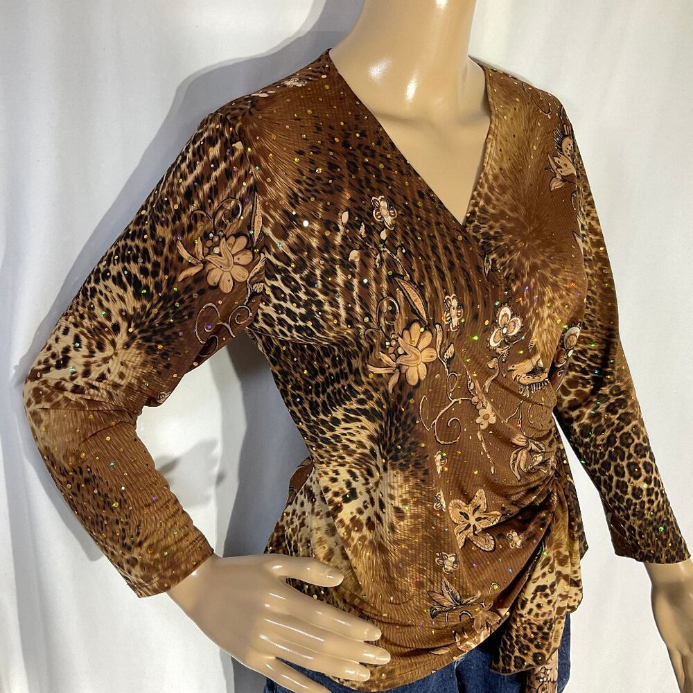 Brittany Black Sz Med Leopard Print with Sequins 3/4 Sleeve Blouse 3-5767ST
